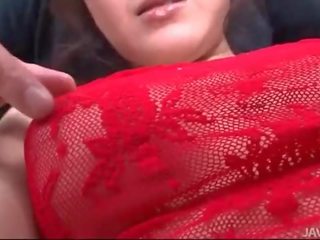 Rui Natsukawa in red lingerie used by three chaps