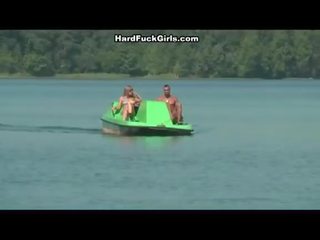 Titted blondinka fucked hard in a gämi by two studs