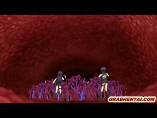 Hentai bashkëarsimim i kapuri nga tentacles dhe merr electric shocks