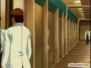 Captive hentai gets squeezed her huge melon tits by doc