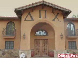 Sorority lesbian orgy welcomes stripling into their affair