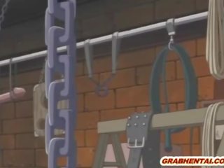 Chained anime brunette gets dildoed pussy and outstanding sucking stiff putz