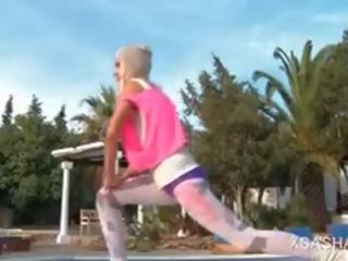 Seductive Blonde Sasha In Pantyhose Doing Her Work Out