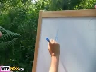 Inviting strapon fuck with chick artist outside