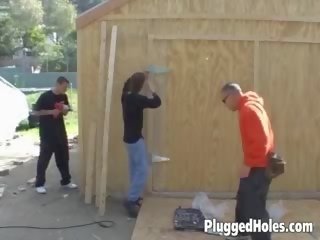 Slutty blonde getting all her holes fucked by three naughty boys