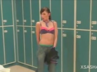 Lesbo hot to trot Brunette Masturbates Cunt In The Locker Room