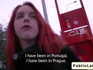 Redhead adolescent bangs in public restroom