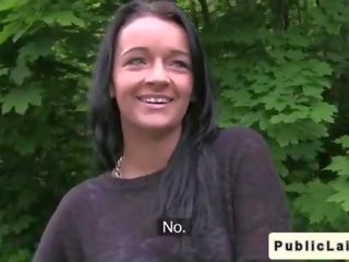Perky busty amateur fucks in car in public
