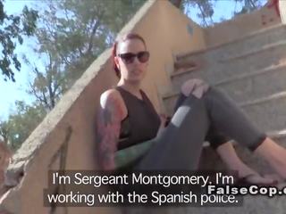 Tattooed redhead sucks shaft to fake cop outdoor