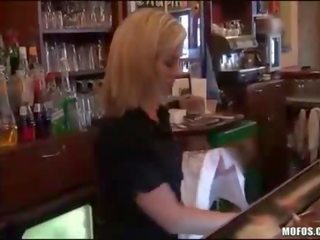 Blonde barmaid earns some for adult clip in bar