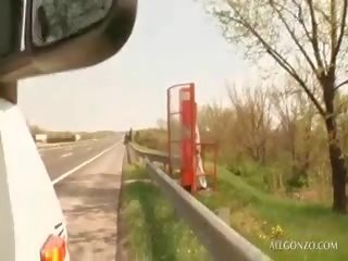 Brunette tramp giving bj and getting cunt nailed in a bis