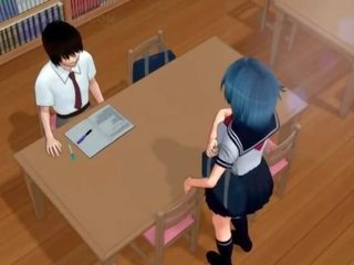 Lusty hentai lover fucks big dildo in library