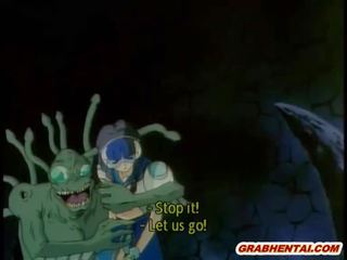 Five hentai girls chained and group poking by monsters