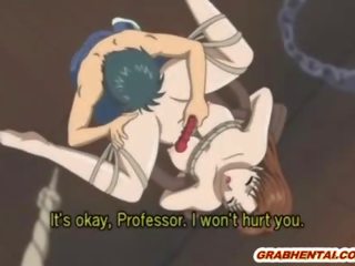 Chained anime brunette gets dildoed pussy and tremendous sucking stiff cock