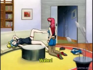 Two pretty cartoon lesbians kissing and touching each other