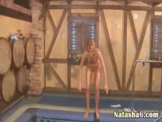 Tërheqës lezzies në the duke notuar pishinë