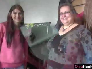 Teen lady licks chubby mature big tits