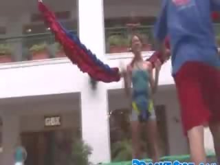 Provocative jumping of luxury brunette