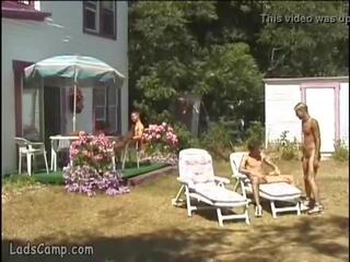 Steamy outdoor foursome gay orgy in the youths Camp