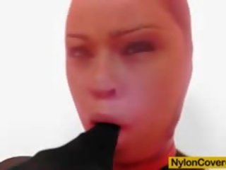 Huge Titties goddess In Nylon Mask And Full Body Nylon Suit