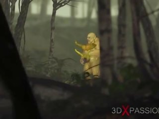 Žalias monstras ogre dulkina sunkus a sunkus į viršų patelė goblin arwen į as enchanted miškas