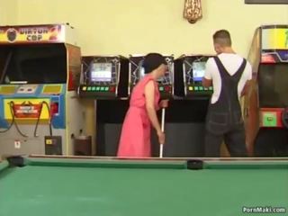 Hairy granny fucked on the pool table