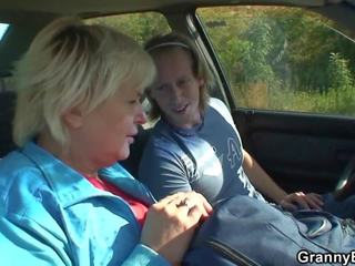 Hitchhiking Blonde Granny Picked up and Doggy-fucked.