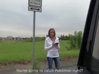 Elite outstanding pokemon hunter busty cutie convinced to fuck stranger in driving van