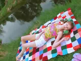 Masturbation on the green glade in euro